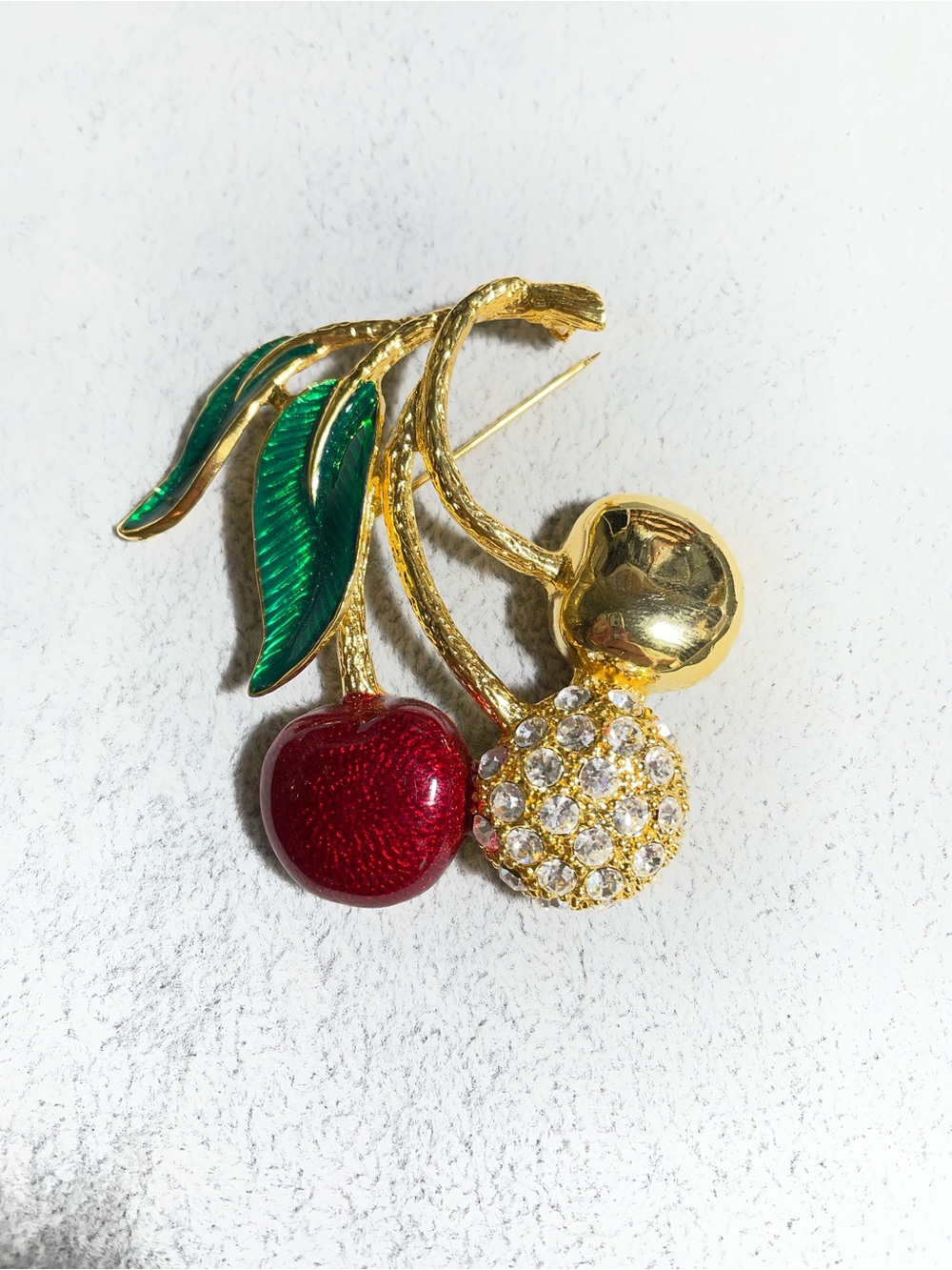 Big Cherry Cluster Brooch Gold Tone w/Red Enamel Green Leaves and Crystals